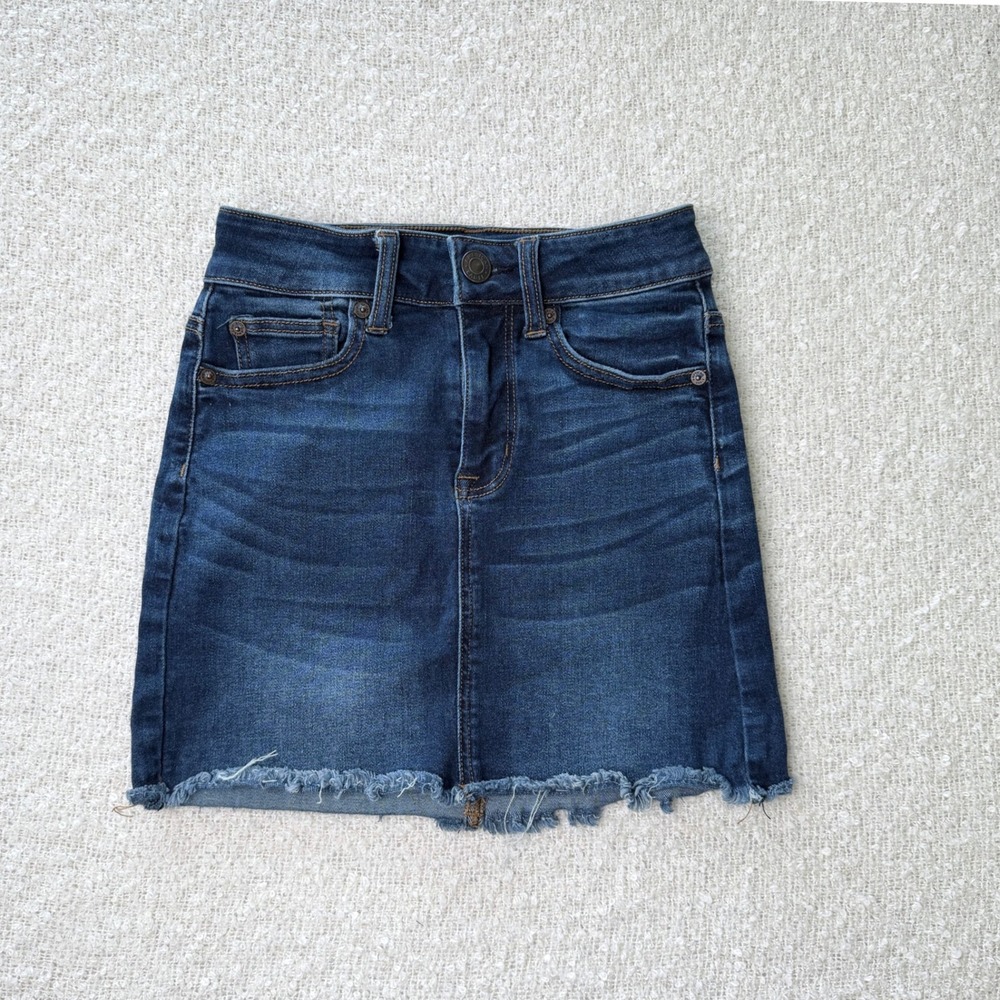 American Eagle Denim Skirt Womens 0 Blue Next Level Stretch Raw Hem Mini